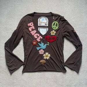 Y2K Johnny Was Joystick Brown Peace Bell Sleeves Embroidered Stitch Hippie Sz L
